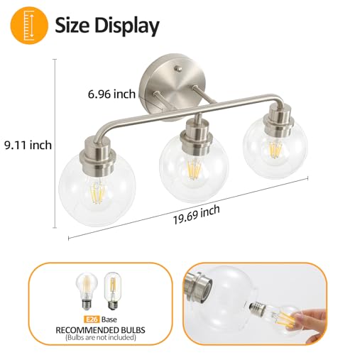 Image of 3 Light Bathroom Vanity Light Fixtures, Brushed Nickel Vanity Lights | with Clear Globe Glass Shades, Modern Bathroom Lights Wall Sconce Wall Lamp for Mirror Living Room Kitchen Bedroom Hallway