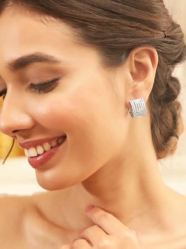 Image of Rubans Earrings Crystal Studded Trendy & Zirconia Demi Fine Hoop Party Look Jewellery Gift for Women & Girls