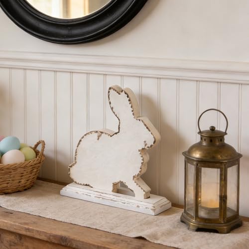 SOFE Rustic White Rabbit Figurines, 8 Inch Tall Wooden Easter Bunny Statue