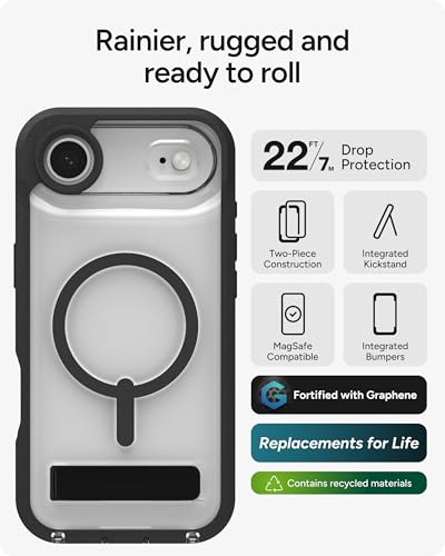 Image of ZAGG Rainier Case with Kickstand for iPhone Air - Black, Graphene 22ft (7m) Drop Protection, Lanyard Attach Points, MagSafe, Wireless Charging Compatible, 2-Piece Design, Phone Case