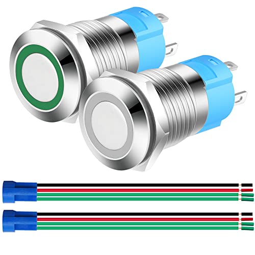 Gebildet 2pcs 0.47 Inch/12mm Stainless Steel Momentary Push Button 12V-24V 3A LED Normally Open SPST ON Off Waterproof Button with Wire Socket Plug (White+Green,Each Color 1pc)