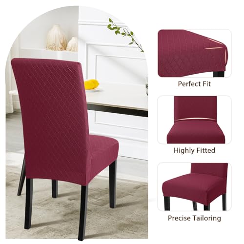 Image of SearchI Dining Room Chair Covers Set of 6, Stretch Jacquard Parsons Chair Slipcovers Removable Washable Kitchen Chair Protector Cover for Dining Room, Hotel, Ceremony (Wine Red Rhombus)