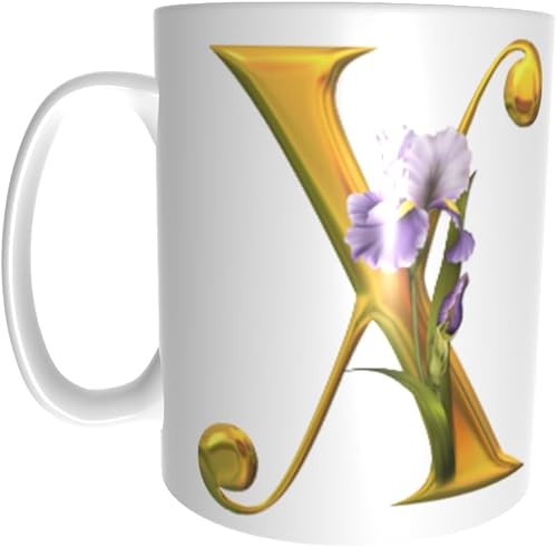Pandok White Ceramic Mug - Alphabet Mug Flower Design - X
