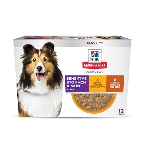 Hills Science Diet Adult Sensitive Stomach & Sensitive Skin Wet Dog Food Variety Pack Chicken & Vegetable Stew Turkey & Rice Stew 12.5 oz. Cans 12-Pack
