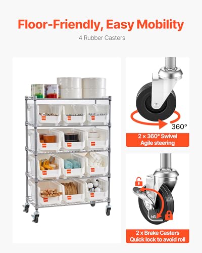 Image of VEVOR 5-Tier Rolling Bin Storage Rack, 12 Organizer Bins, Bin Rack Storage Steel Wire Shelving System with Wheels, Mobile Tool Organizer for Garage, Warehouse, Office, Restaurant, Classroom, Kitchen