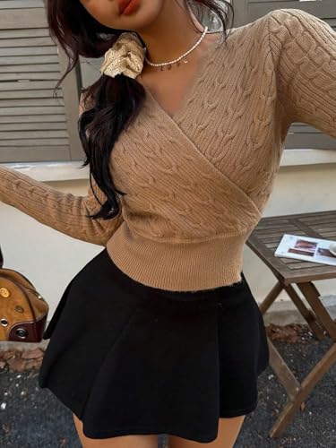 Image of ZAFUL Women's V Neck Cable Knit Sweater Long Sleeve Ribbed Crop Tops Wrap Surplice Solid Casual Pullover Jumper