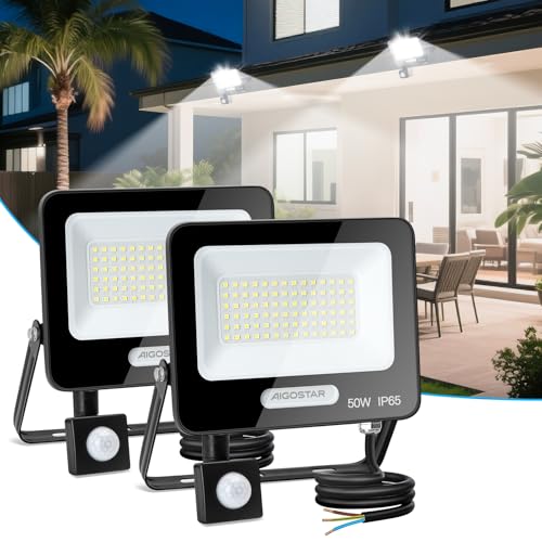 Aigostar- 50W Foco LED con Sensor Movimiento, Super Brillo Focos Exterior, 4600LM, Blanco Frío 6500K, IP65 Impermeable, Proyector LED Exterior, Perfectas para Jardín, Garaje, Patio, Paquete de 2