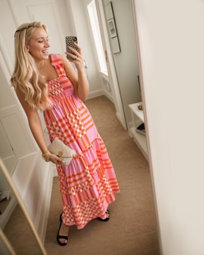 Women's Summer Maxi Dress Boho Spaghetti Straps Casual Long A-line Smocked Beach Dress Square Neck Flowy Sun Dress2