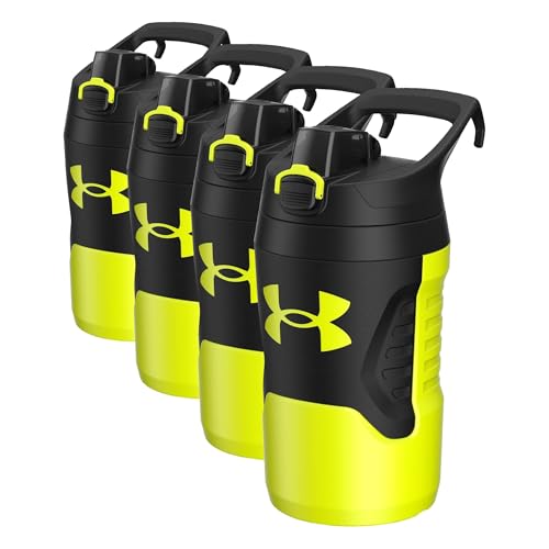 Image of Under Armour 32 oz Insulated Water Bottles - Sports Water Jug with Fence Hook, Leak Resistant for Baseball, Football & More,Hi Vis Yellow /Black 32 Ounces (Pack of 4)