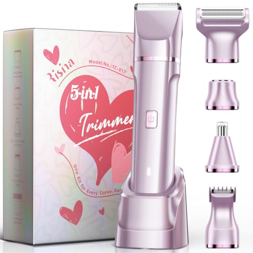 Image of Risina 5-in-1 Bikini Trimmer for Women, Self Care Gifts, Full Body Shaver | IPX7 Waterproof, Rechargeable, Ceramic Blades, 5 Heads: Body, Facial, Curved, Nose Hair and Detail; Travel Ready