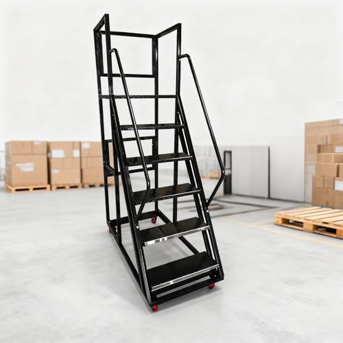 Image of Rolling Ladder with Wheels, Mobile Rolling Stairs with Handrail for Industrial Warehouse, Rolling Steps Ladder with Fence, for High Shelf Aisles, Warehouses, Supermarkets, Libraries (Black, 6 Steps)