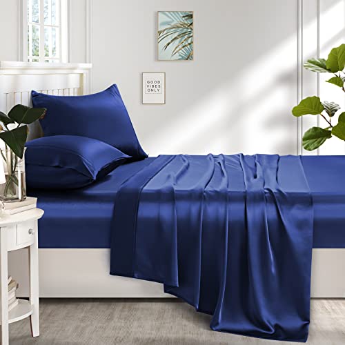 Image of Lanest Housing Silk Satin Sheets, Full Size Satin Bed Sheet Set with Deep Pockets, Cooling Soft and Hypoallergenic Satin Sheets Full - Navy Blue