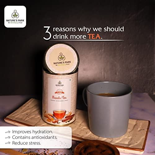 Image of Nature's Park Masala Tea - 100g - Kadak CTC Chai with Cardamom, Black Pepper, Ginger, Cinnamon, Cloves, Strong Indian Spices - Made with 100% Natural Whole Loose Leaf - Boosts Immunity & Stress Relief