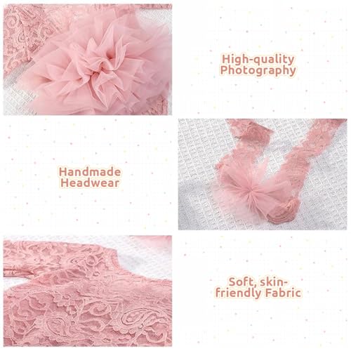 Image of SNOWIE SOFT Newborn Lace Dress & Headband Set for Infant Girls 0-1 Month, Vintage Tulle Baby Photoshoot Outfit, Soft Lace Romper Dress with Flower Headband, Elegant Newborn Photography Prop.