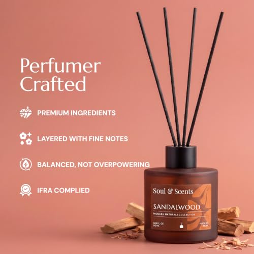 Image of Soul & Scents 50ml Sandalwood Reed Diffuser Set | Warm Woody Aroma of Creamy Sandalwood & Cedar | Get 5 Rattan Reed Sticks | Smoke Less Room Freshener for Home, Bedroom, Living Room & Office