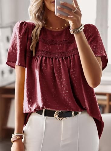 Image of Falechay Womens Summer Tops Crewneck Short Sleeve Shirts Casual Chiffon Blouses Flowy Lace Hem Boho Clothing Trendy 2026