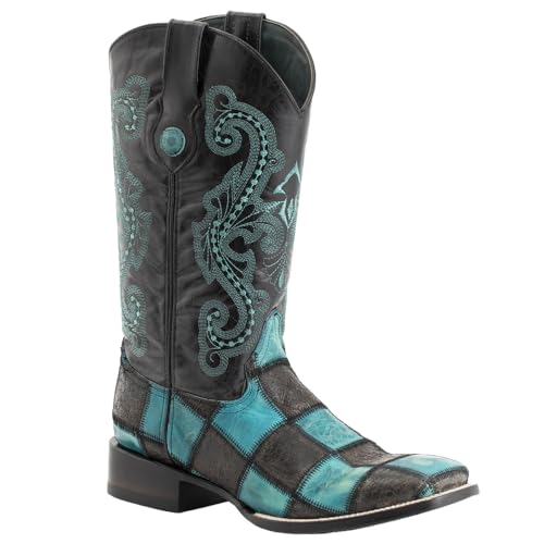 Mens Patchwork Embroidered Square Toe Casual Boots Mid Calf - Black, Blue2