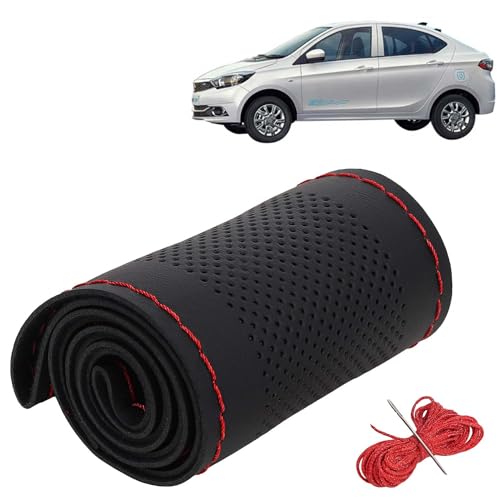 Image of KINGSWAY PU Leatherite Car Steering Cover Sewable Compatible with Tata Tigor EV (Year 2019 Onwards), Black Color with Red Thread, Pack of 1 with Sewing Needle and Thread