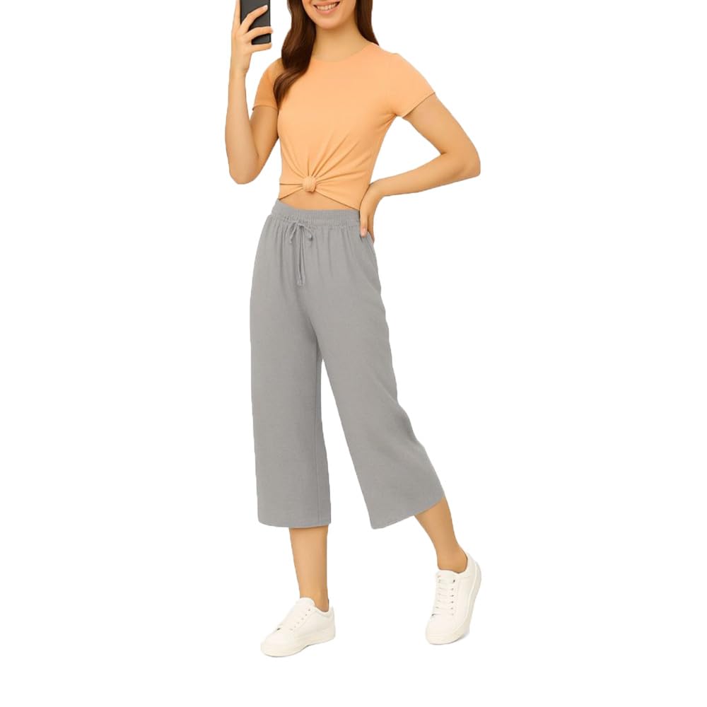 Womens Cotton Capris For Girls Elastic With Drawstring Waist Grey Single Pack-image-44