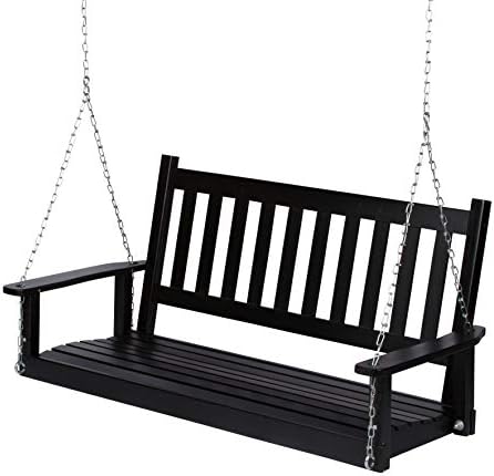 Shine Company Maine 54" Outdoor Wood Porch Swing with Chains, Hanging Bench, 4.5 Ft, Black