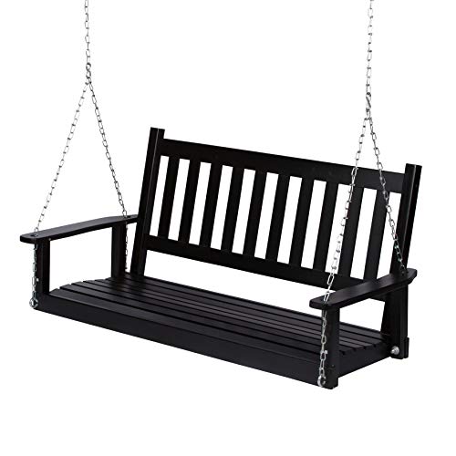 Shine Company Maine 54" Outdoor Wood Porch Swing with Chains, Hanging Bench, 4.5 Ft, Black