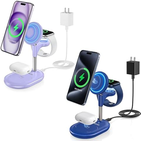 Hevanto 3 in 1 Mag-Safe Charger Stand for iPhone 15 14 13 12, AirPods and Apple Watch - 2 Pack (Blue and Purple) Cover