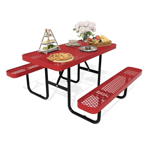 72'' Rectangular Metal Picnic Table for Outdoors,Heavy-Duty Portable Commercial Picnic Tables Bench Set with Umbrella Hole,School Canteen Table W/Seats - Patio Dining Furniture for Patio Garden