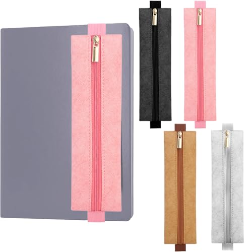 4 peças de suporte de caneta ajustável com faixa elástica ajustável, bolsa elástica para notebook, estojo removível de couro sintético para caneta, bolsa com zíper, para cadernos, fichários, livros