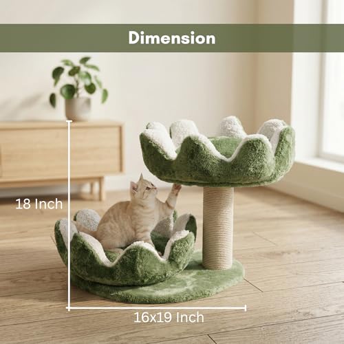 Image of 2-Tier Flower-Shaped Cat Tree with Sisal Scratching Post, Plush Beds, Green, 16x19x18 Inch (FURR-004-FLOWER) (Green)