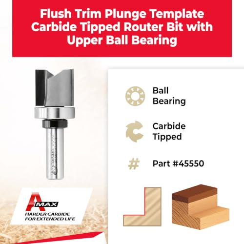Image of Amana Tool 45550 Carbide Tipped Flush Trim Plunge Template Router Bit 1-1 /8 Dia x 1 Inch x 1 /2 Shank with Upper Ball Bearing