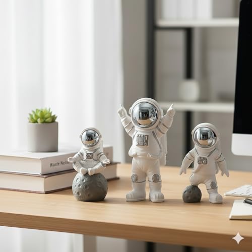 Image of REWOP Astronaut Figurine Set of 3 - Cute Space Theme Desk Decor, Moon Surface Resin Statues for Home, Office, Car Dashboard, Gift for Kids & Space Lovers (Silver)
