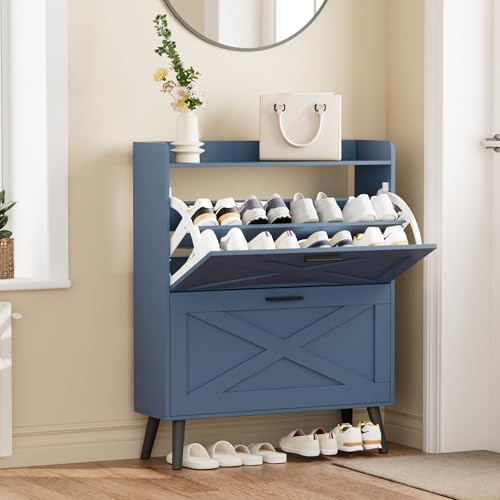 Image of Homleke Farmhouse Shoe Storage Cabinet with Flip Drawers & Barn Door Design | Slim Narrow Shoe Rack Cabinet with Adjustable Shelves & Hidden Storage for Entryway, Foyer, Hallway, Living Room, Blue