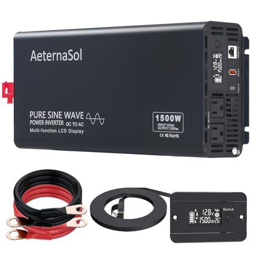 AeternaSol Pure Sine Wave Inverter 1500 Watt Inverter 12V DC to 110V-120V AC Converter for Vehicle RV Truck Camping Solar Home with 2 AC Outlets USB Fast Charge & Type-C Remote Monitor Surge 3000W