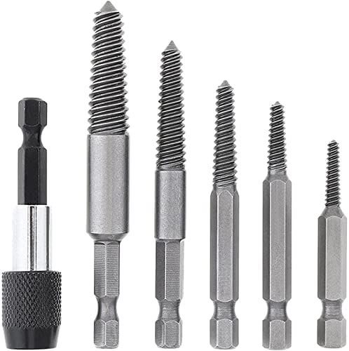 Stripped Screw Extractor 5pcs HSS Easy Out Broken Bolt Extractor Kit with Extension Screw Holder, Damaged Bolt Water Pipe Remover Set Power Drill Bit Tool