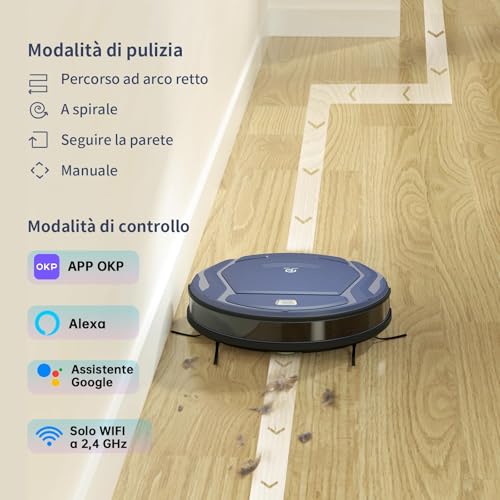 OKP K2 Aspirapolvere Robot, 2100Pa, 120 Minuti, Design Ultra Sottile e Silenzioso, 4 Modalità di Pulizia, Antigroviglio, WiFi/App/Alexa, Ideale per Peli di Animali Domestici, Pavimenti e Moquette, Blu