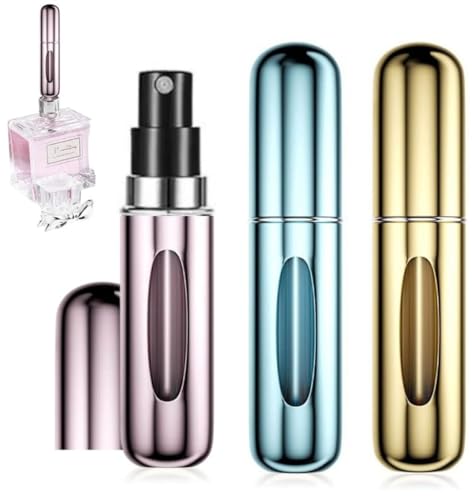 ETISEN, 3 Pezzi 5ml Atomizzatore di Profumo, Ricaricabile Spruzzino Profumo, Mini bottiglia spray portatile, Spruzzatore per bottiglie di profumo con finestra, Buono per viaggi (Blu, oro, rosa)
