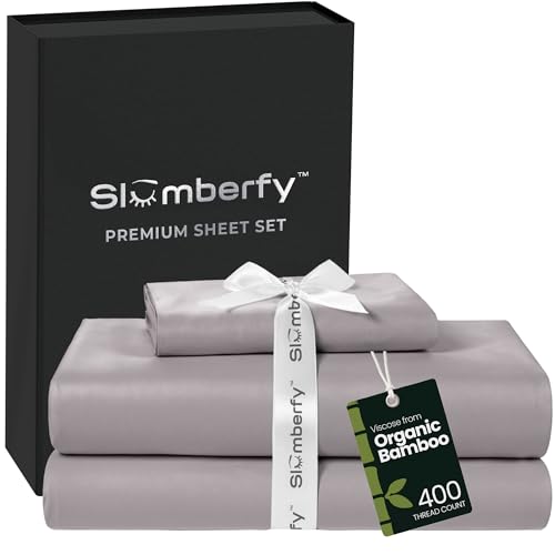 Image of Slumberfy 3-Piece 400 TC Viscose Derived from Bamboo Sheets, Twin XL Size - 1 Fitted, 1 Flat, 1 Pillow Case - Deep Pocket Cooling Viscose-Bamboo Bed Sheets in Magnetic Closure Gift Box, Grey