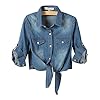 Omoone-Womens-34-Sleeve-Denim-Crop-Top-Tie-Knot-Shirt-Cardigan Omoone Women's 3/4 Sleeve Denim Crop Top Tie Knot Shirt Cardigan (Dark Blue, XL)