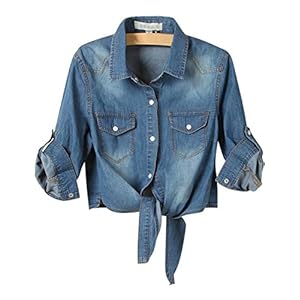 Omoone-Womens-34-Sleeve-Denim-Crop-Top-Tie-Knot-Shirt-Cardigan Omoone Women's 3/4 Sleeve Denim Crop Top Tie Knot Shirt Cardigan (Dark Blue, XL)