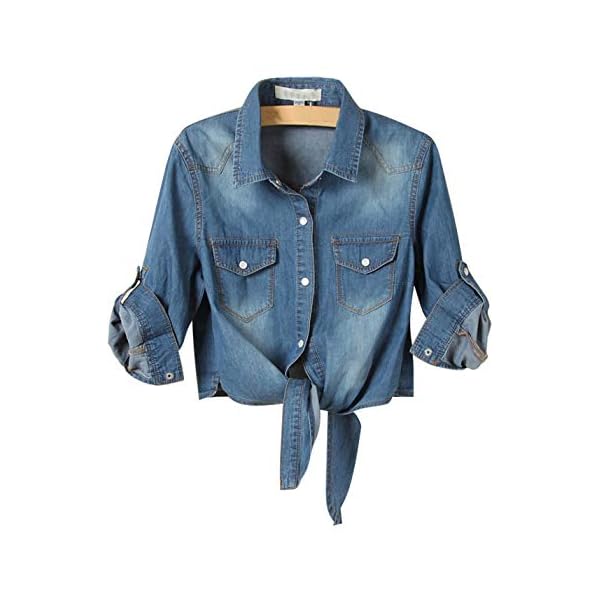 Omoone-Womens-34-Sleeve-Denim-Crop-Top-Tie-Knot-Shirt-Cardigan Omoone Women's 3/4 Sleeve Denim Crop Top Tie Knot Shirt Cardigan (Dark Blue, XL)