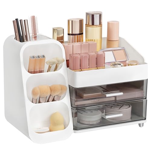 HBlife Makeup Kosmetik Organizer mit Schubladen, Pinsel Organizer, 3-in-1 Plastic Kosmetik Aufbewahrungsbox, Schmink Aufbewahrungskasten Große Lagerung Weiß+Grau
