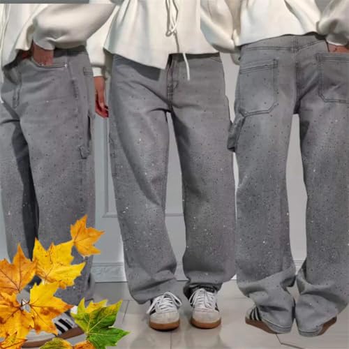 High Waisted Rhinestone Jeans for Women, Baggy Wide Straight Leg Casual Denim Pants Trousers, Wide Leg Bling Denim Pants3