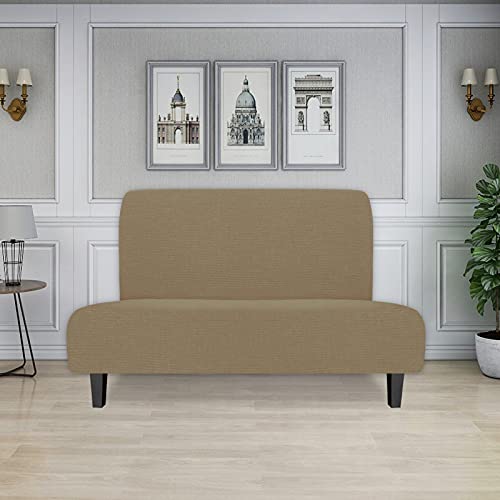 Image of Easy-Going Stretch Medium Futon Slipcover Armless Futon Cover Tan | Sofa Bed Furniture Protector Without Armrests with Elastic Bottom for Kids, Soft Jacquard Machine Washable