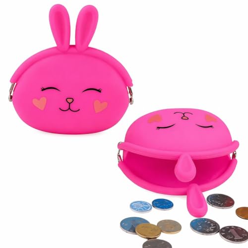 Image of FunBlast Cute Bunny Shape Silicone Coin Purse for Kids & Adults - Mini Pouch for Coins, Earphones, Keys & Small Essentials, Aesthetic Pouches for Girls & Women - 12 X 9.5 X 3 Cm (Bunny-Dark Pink)