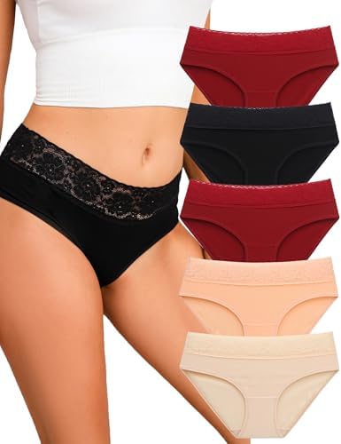 Womens Underwear Cotton Bikini Lace Panties Ladies Soft Full Briefs High Waist Cotton Underwear 5 Pack