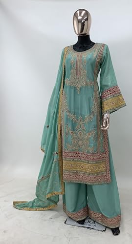 Image of Miss Ethnik Women's Yellow Color Chinon Embroidered Kurta Palazzo Set With Embroidered Dupatta (ME-1140-Yellow)
