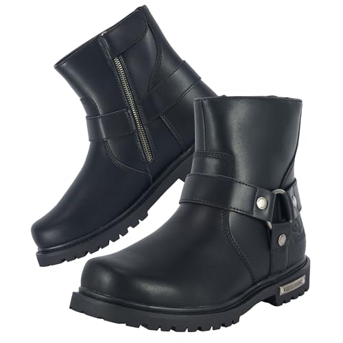 Dream Apparel Mens Harness Motorcycle Riding Boots Black PU Leather Biker Ankle Boots with Side Zipper, Waterproof Faux Leather Round Toe Booties