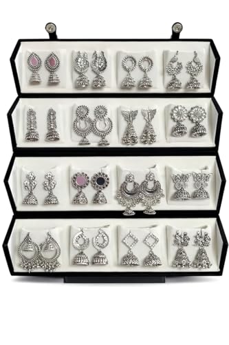 Image of Oxidised Silver Look Jhumka Earrings Box for Women | 16 Pairs Traditional Ethnic Jhumki Combo Gift Hamper with Velvet Box | Festive Wedding Jewellery | Gift For Women