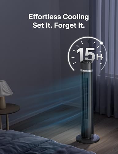Image of PELONIS 40 inch Bladeless Tower Fan for Bedroom, Standing Fan with Remote Control, 26ft /s, 90 Oscillation, 3 Speed Settings, 27 Db, 3 Modes, 15-Hour Timer, LED Display, Fan that Blows Cold Air, Grey