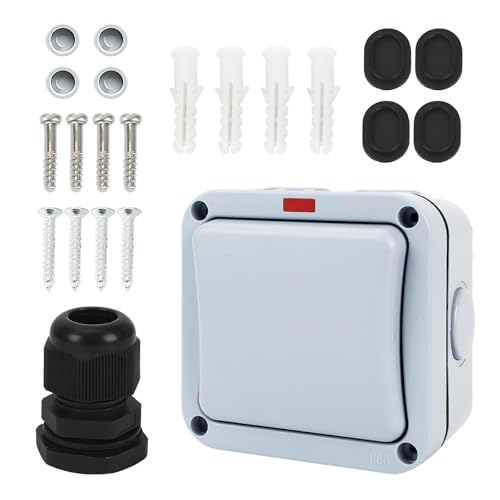 Lichtschalter Außen Wasserdichter IP66 20A Wetterfester Schalter Universalschalter, Wasserdicht Schalter mit Unabhängigem Schalter Und Kontrollleuchte für Outdoor Garten Balkon Grau